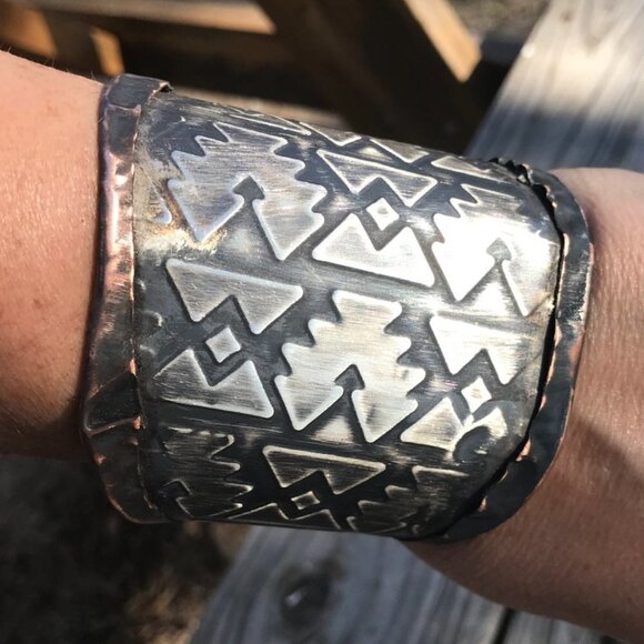 Aztec Sterling Silver 925 Southwestern Copper Cuff Unisex Wide Western Bracelet - Picture 9 of 10